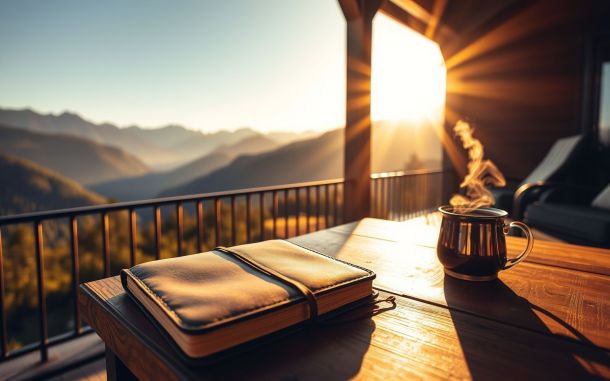 Early retirement financial plan concept: peaceful mountain view, journal, and tea.