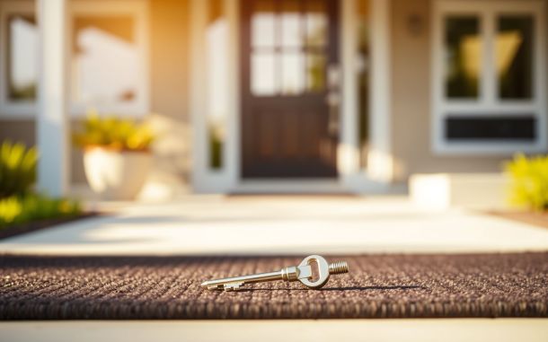 Homeownership symbol: A key resting on a welcome mat, representing mortgages with low credit.
