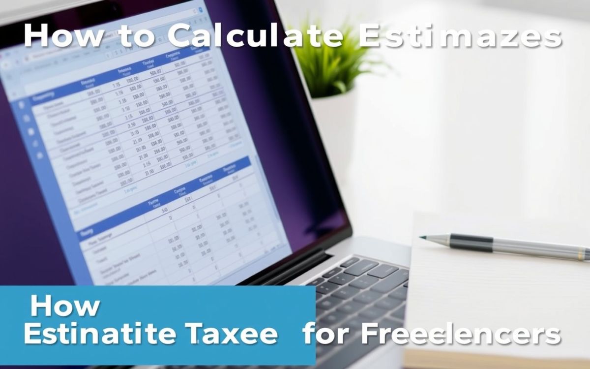 Freelancer calculating estimated taxes with a laptop and notebook.