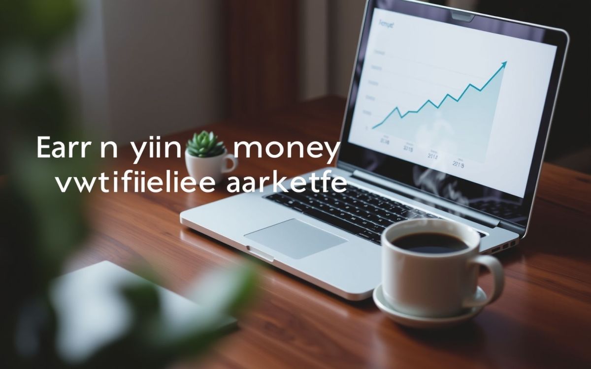 Affiliate marketing passive income concept with laptop, coffee, and plant