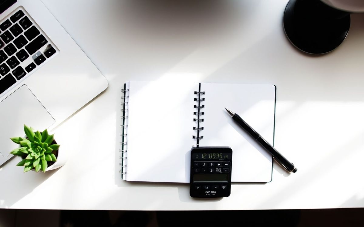 Desktop with laptop, notebook, and calculator for how to calculate estimated taxes for freelancers.