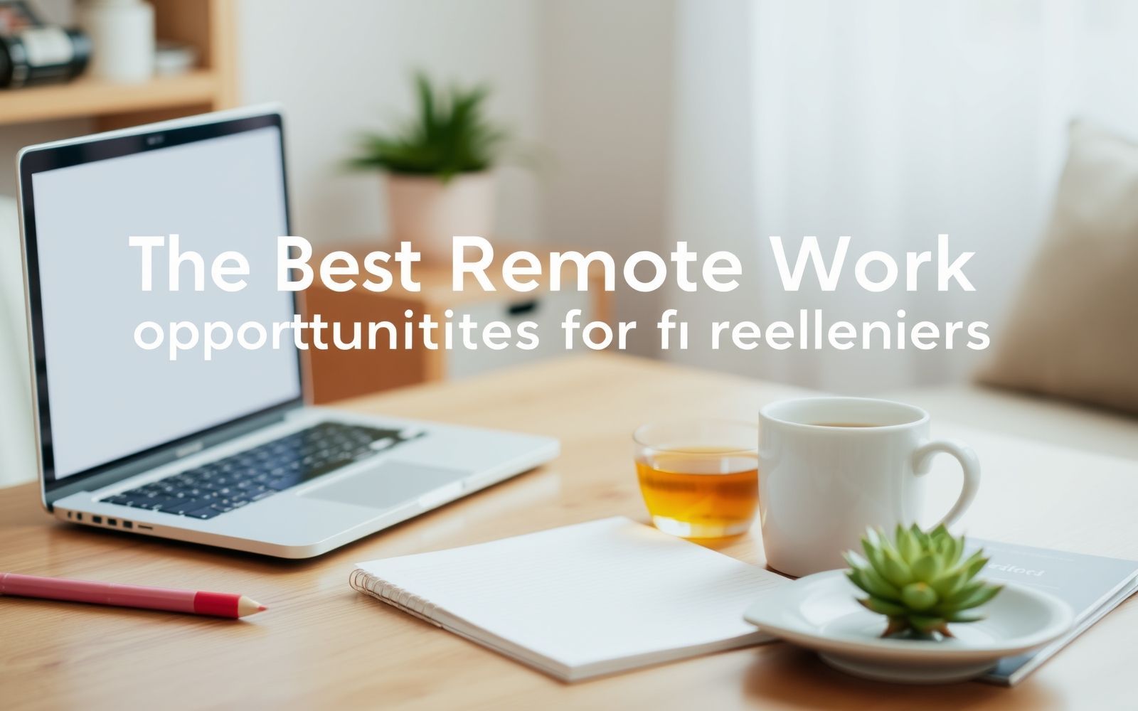 Remote work setup with laptop, notebook, tea, and succulents for freelancers