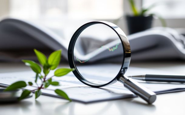 Magnifying glass over financial document symbolizing how to analyze a company before investing.