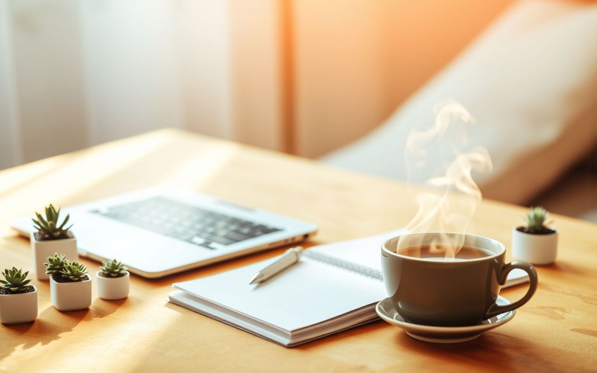 Side hustle with no money concept: laptop, notebook, and tea.