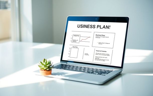 Startup business plan outline on laptop, representing strategic planning and growth.