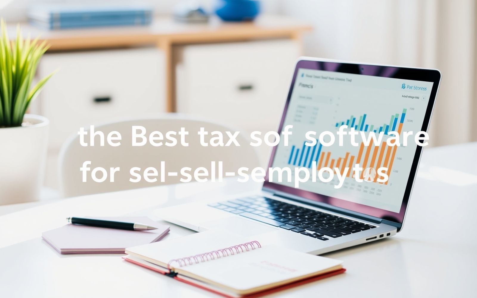 Self-employed individual's home office with laptop and financial planning tools for tax season.