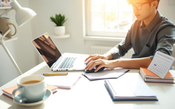 Young adult creating a 5-year financial plan with tools and documents