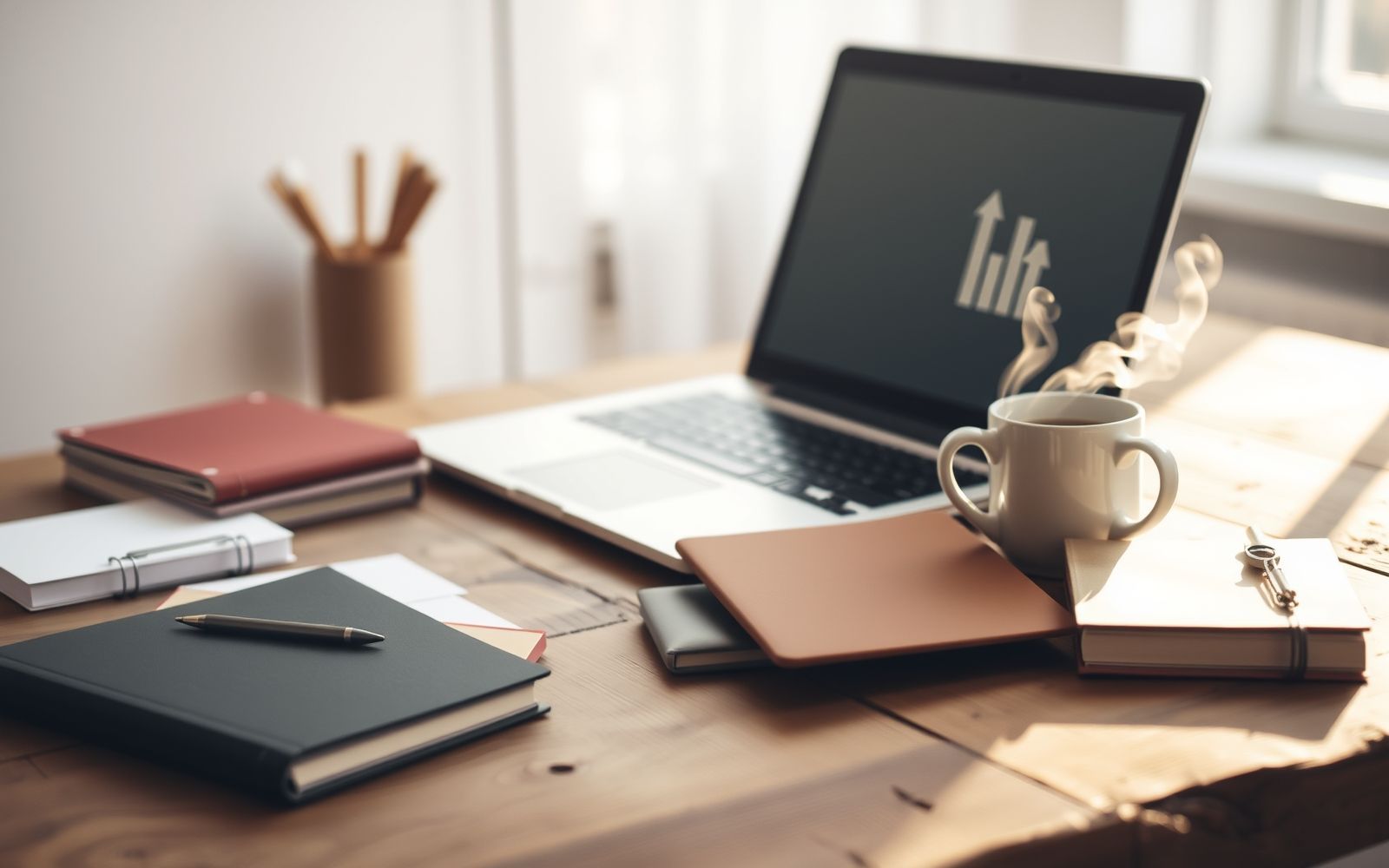 Affiliate marketing for beginners: Laptop, coffee, and notebooks representing online income potential.