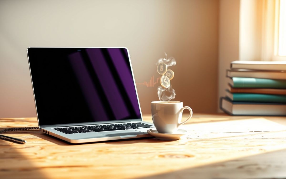 Passive income stream concept: laptop, coffee, books, and digital currency.