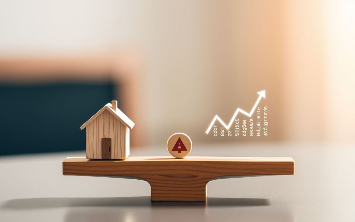 Balance scale comparing house model (stability) and fluctuating graph (change) representing fixed rate vs adjustable rate mortgage comparison.