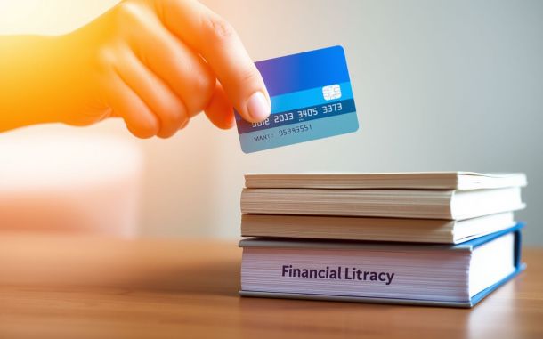 Credit card on books symbolizing building credit and financial literacy.