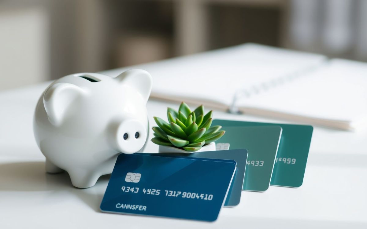 Piggy bank and credit cards illustrating the financial benefits of using a balance transfer credit card.
