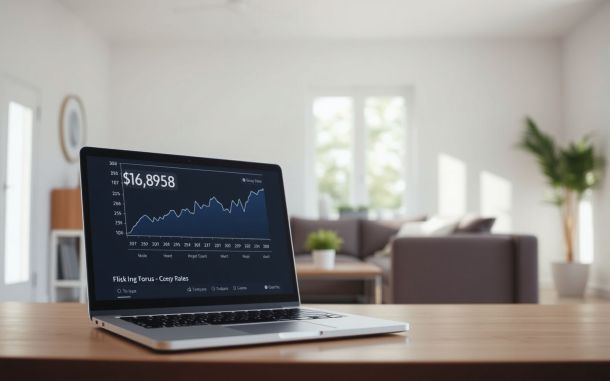 Modern living room with mortgage rate chart, representing impact of rising interest rates on mortgage applications.