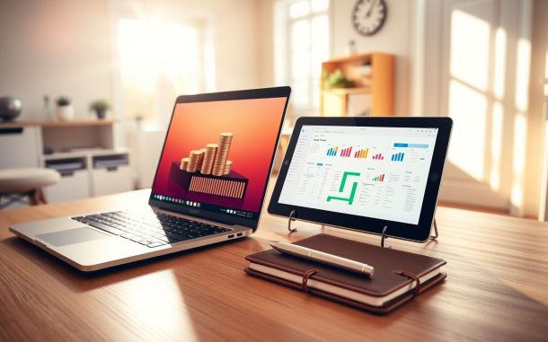 Workspace with laptop and tablet showing online money-making opportunities