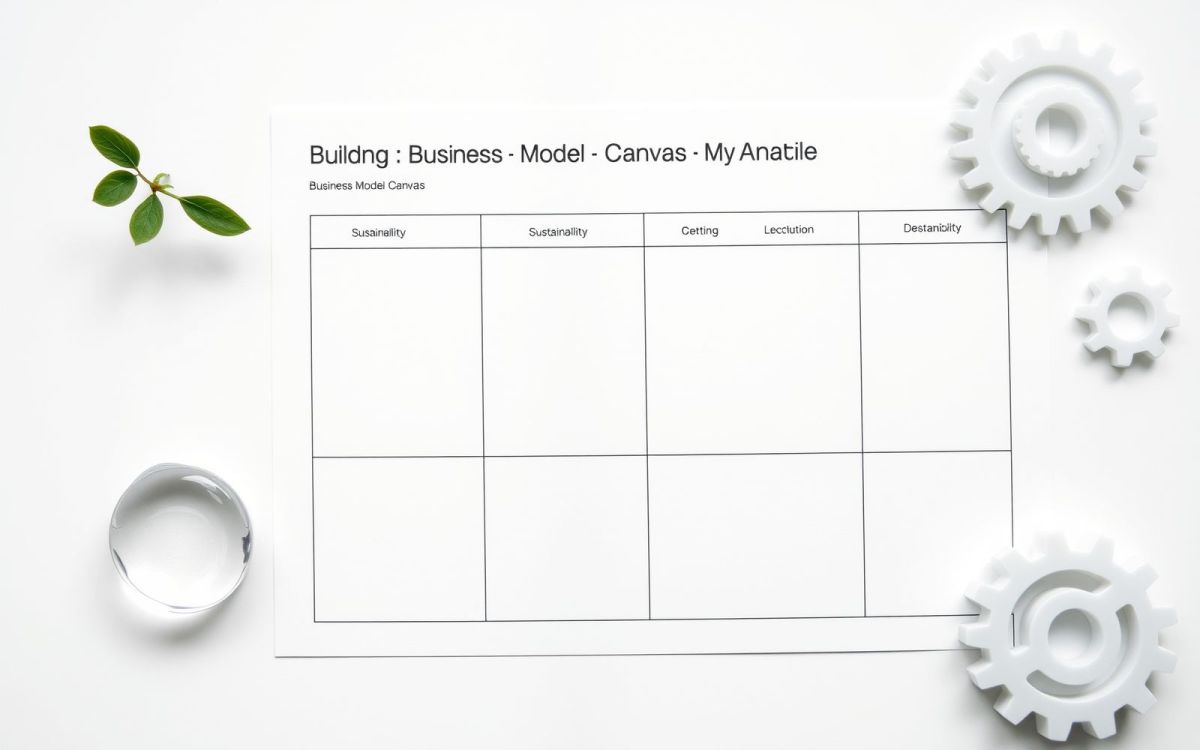 Abstract elements representing sustainability around a blank sustainable business model canvas.