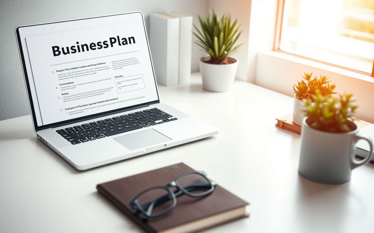Small business startup essentials: laptop, business plan, and plant representing entrepreneurial success.