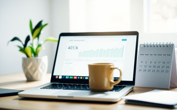401(k) investment dashboard, coffee, and calendar in soft focus