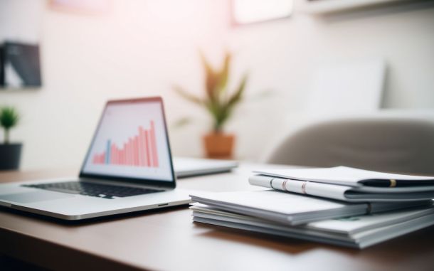 Business loan selection process visualized with financial charts and planning documents.