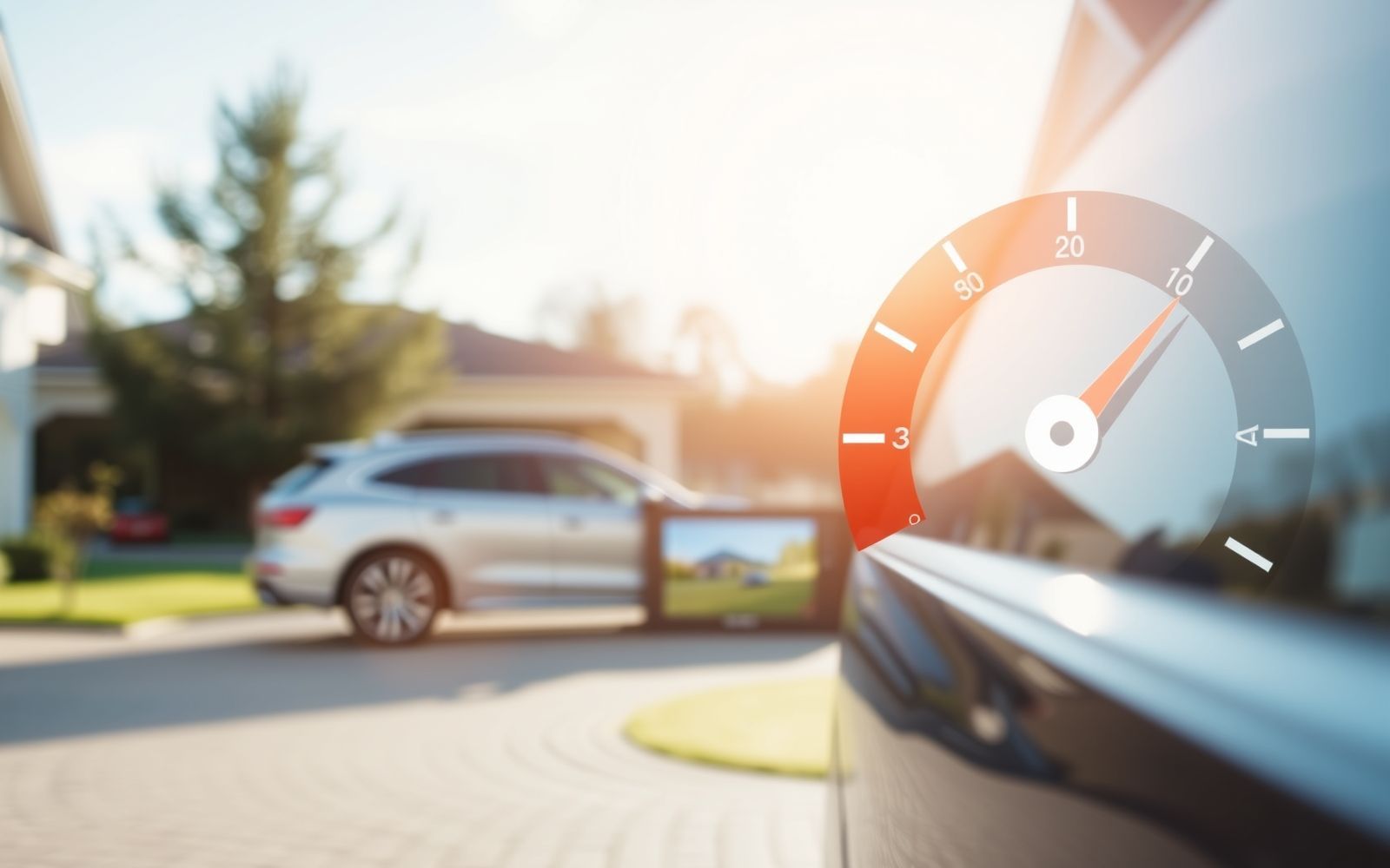 Car insurance premiums factors: A secure car in a sunny driveway, representing auto insurance costs.