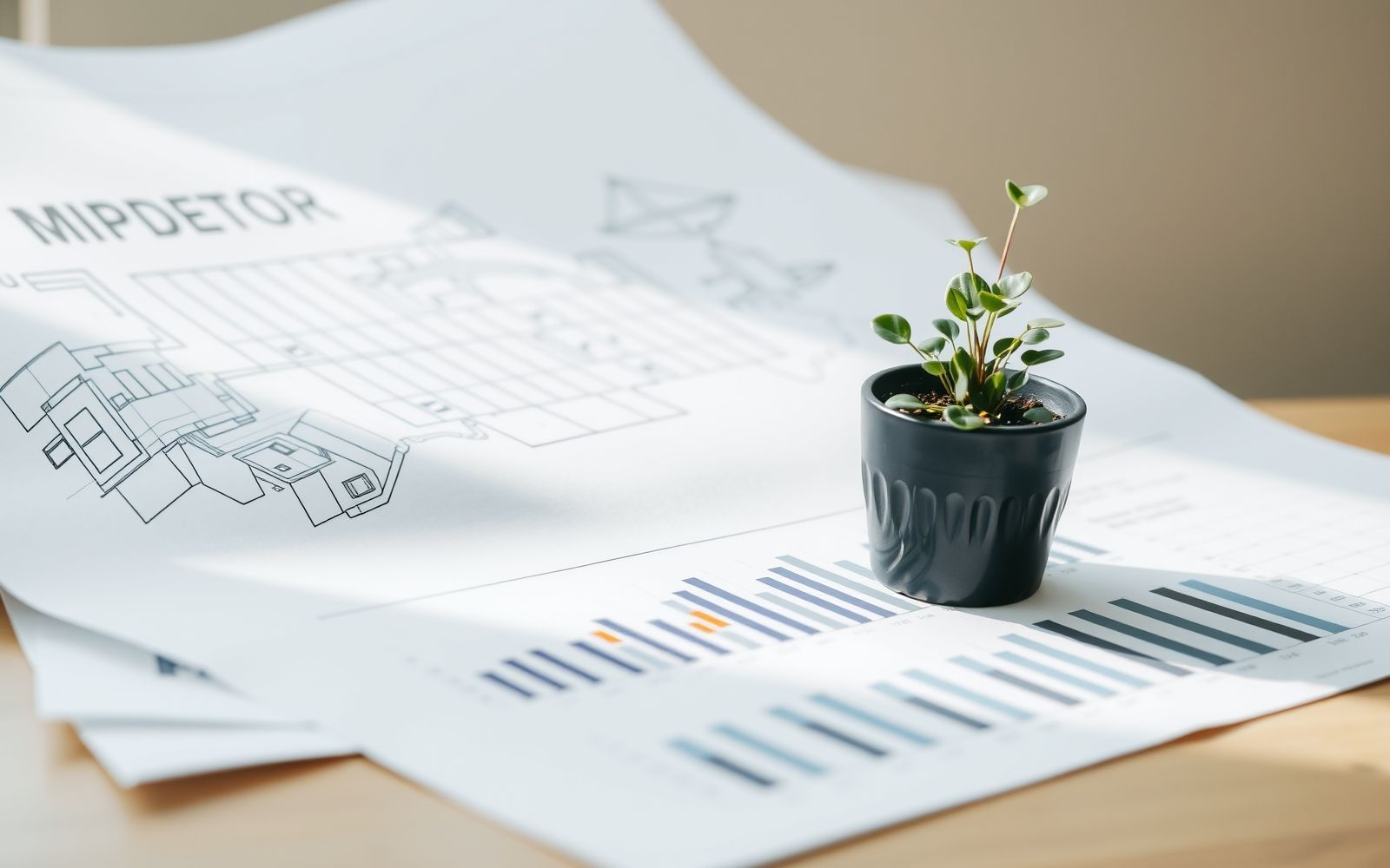 Real estate investment strategies concept with blueprints, charts, and a plant.