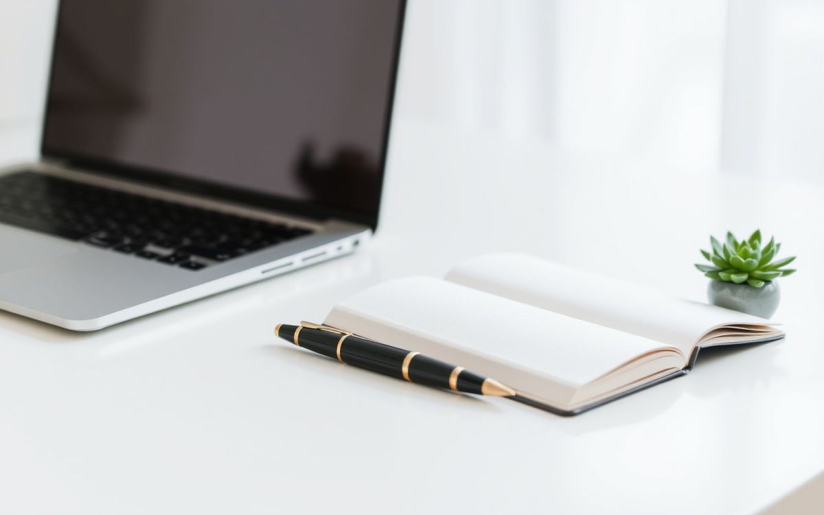 Desk setup with laptop and notebook, symbolizing how to find high paying freelance writing jobs.
