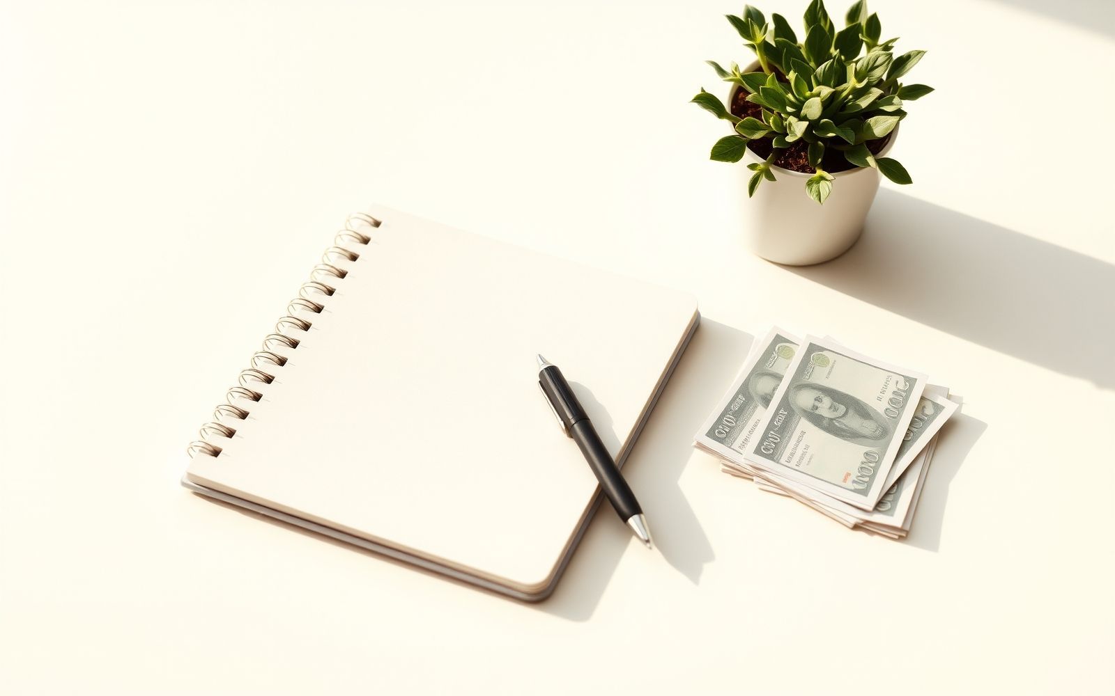 Zero-based budgeting concept: organized desk with notebook and bills.