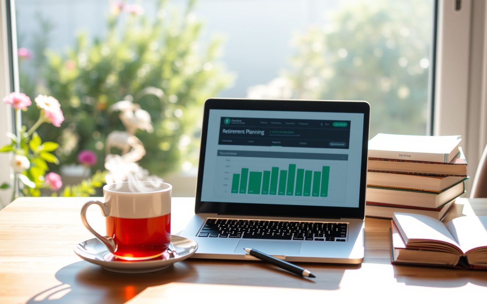 Early retirement planning lifestyle image with a home office and financial dashboard