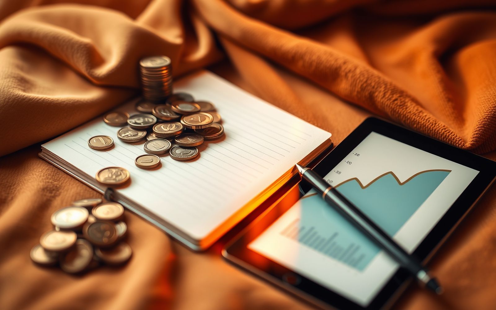 Financial literacy online courses: coins, notebook, pen, and tablet representing financial planning.