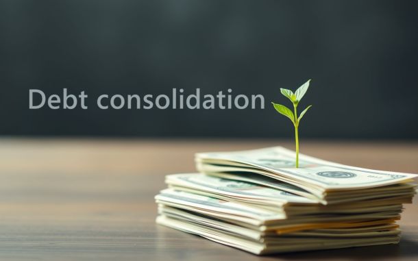 Debt consolidation for bad credit: Organized bills and a growing plant symbolize financial stability.