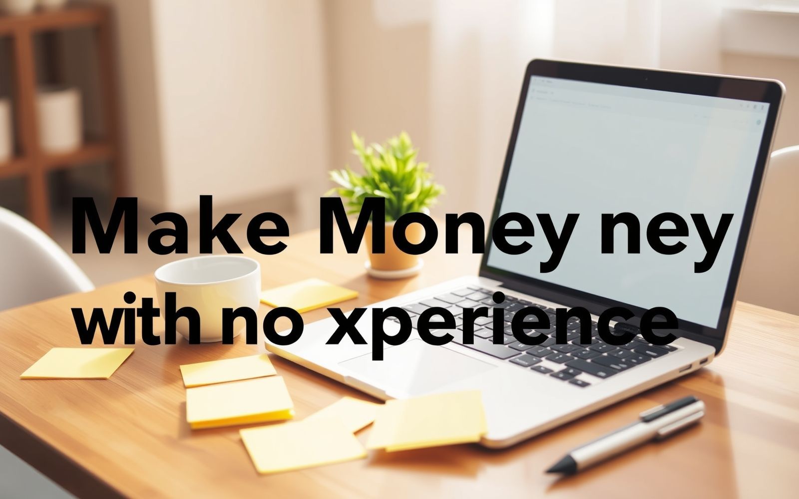 Making money with no experience: Laptop, coffee, and workspace.