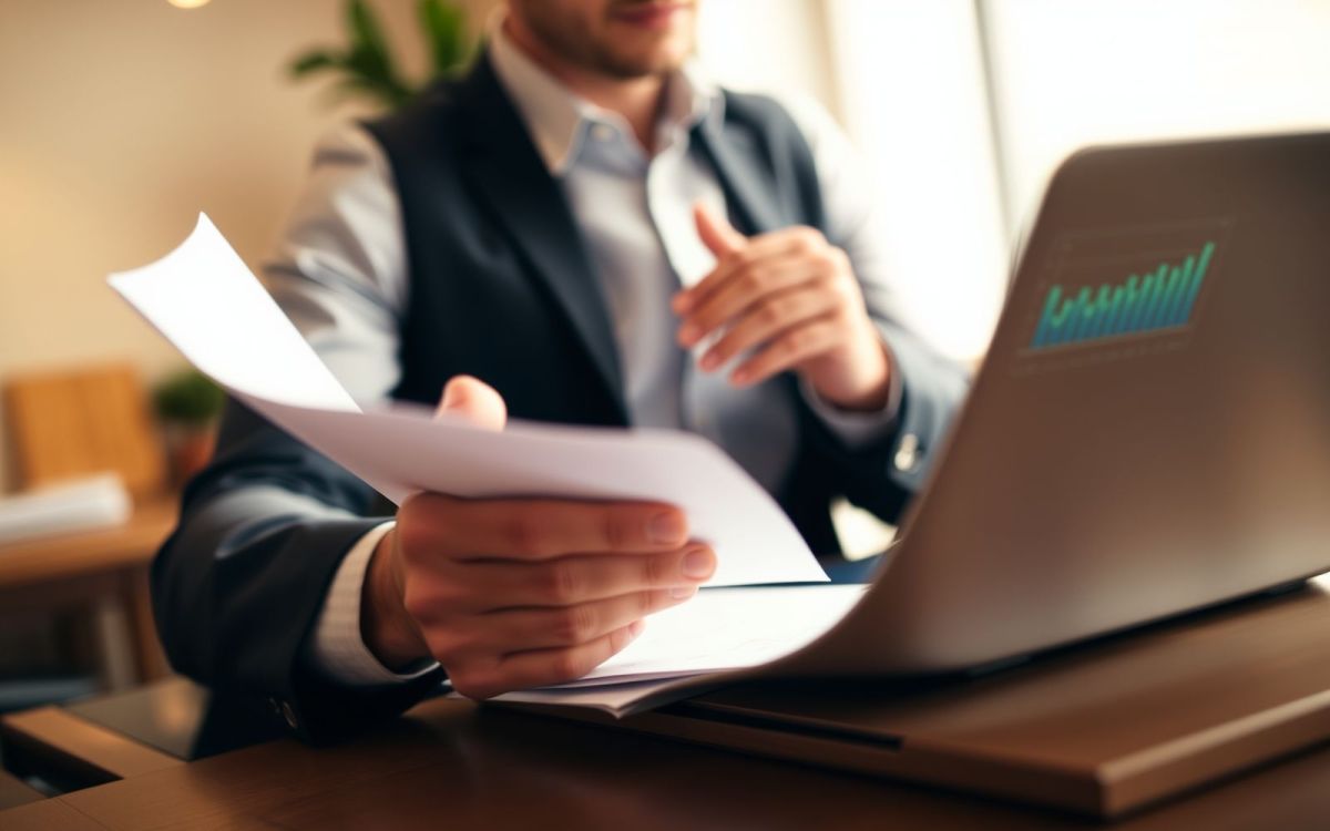 Business owner reviewing financial documents for a business loan.