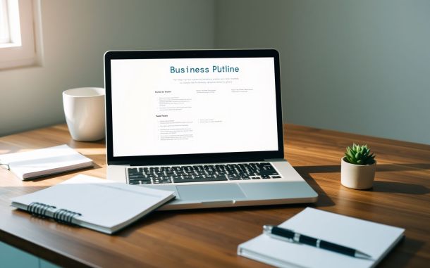 Business plan creation process with laptop and notebook