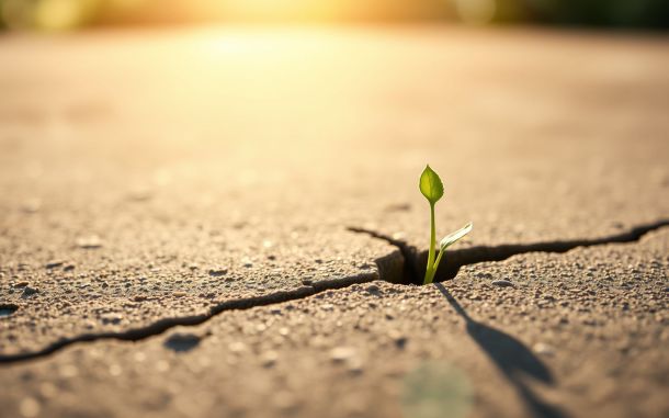 A resilient green sprout symbolizes the challenges of scaling a bootstrapped company with optimism.