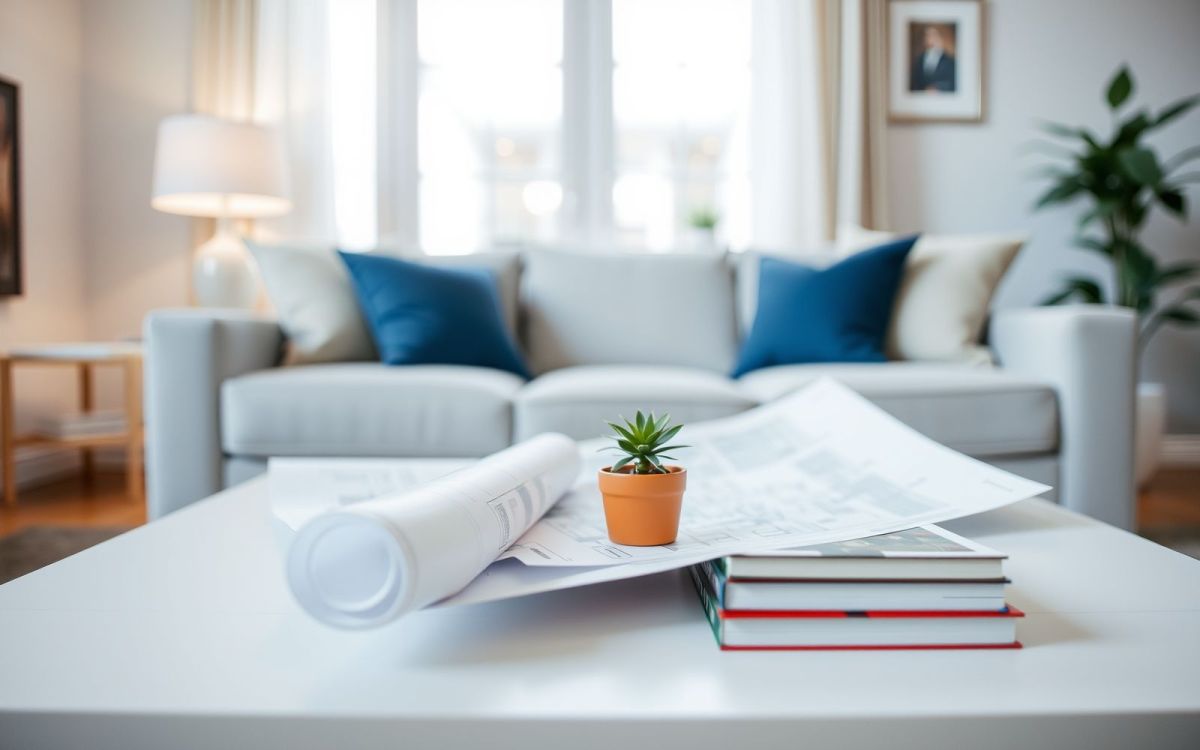 Home equity loan concept: blueprint, plant, financial planning books