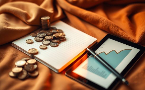 Financial literacy online courses: coins, notebook, pen, and tablet representing financial planning.
