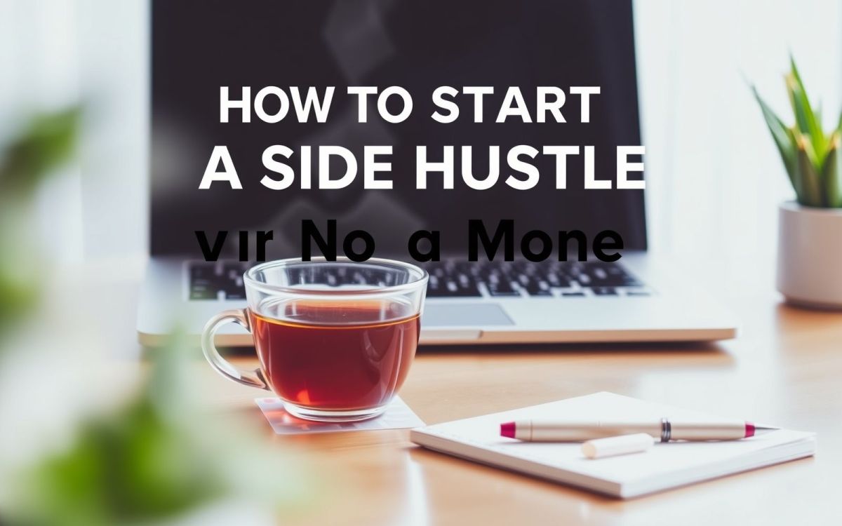 Side hustle with no money: laptop, notebook, and tea representing creative income generation.