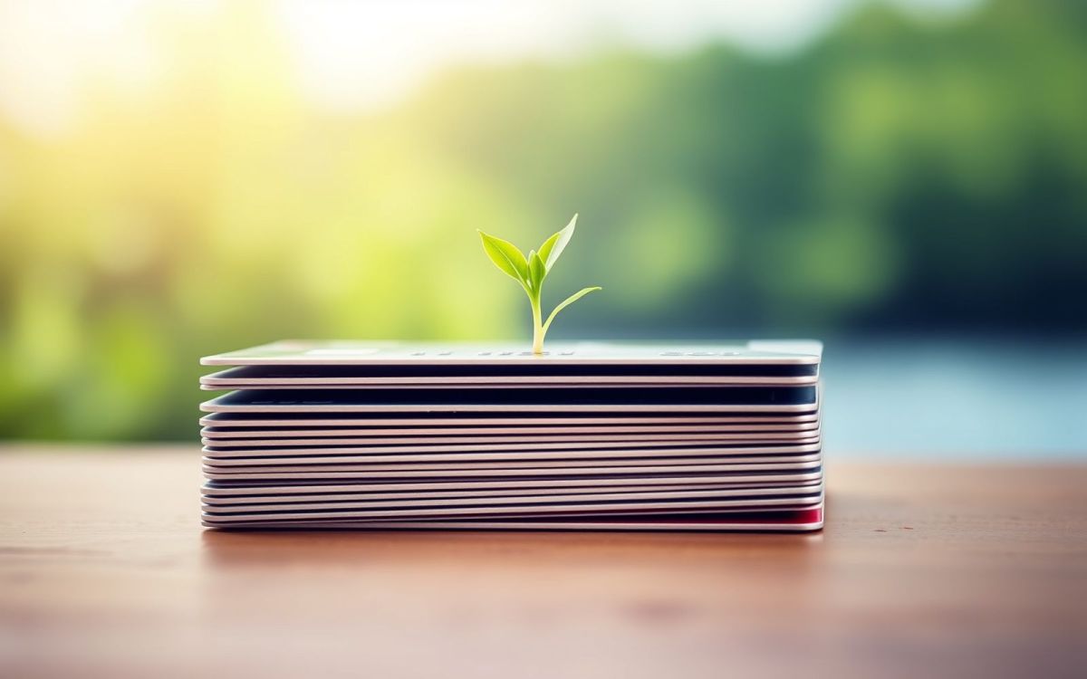 Credit cards with a sprout symbolizing debt payoff and financial freedom.