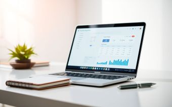 Freelancer accounting software setup with laptop and notebook.