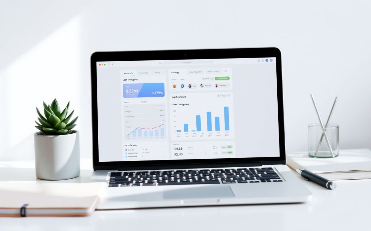 Budgeting apps for couples: a laptop with financial charts and a modern workspace.