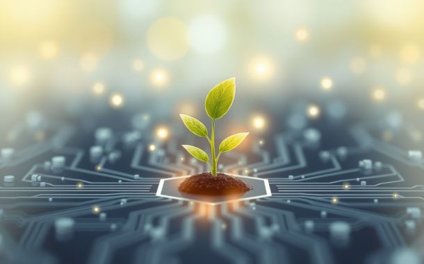 Abstract representation of finding angel investors for tech startups showing a glowing seedling growing from circuits.