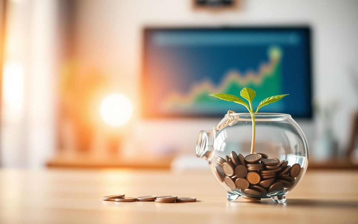 Piggy bank with coins and a growing seedling, symbolizing how inflation affects savings and investments and the potential for growth.