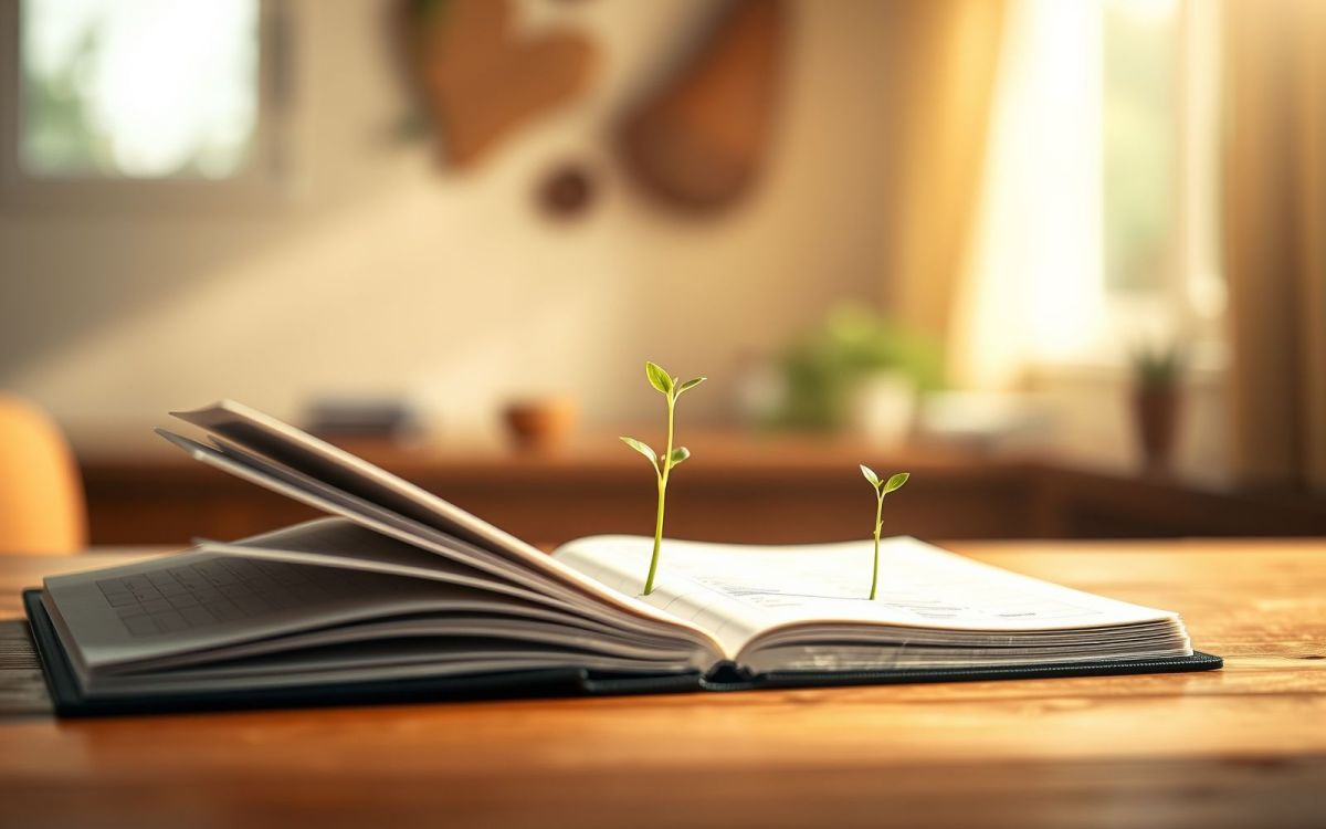 Investment growth concept for beginners, featuring a ledger and a sprouting plant.