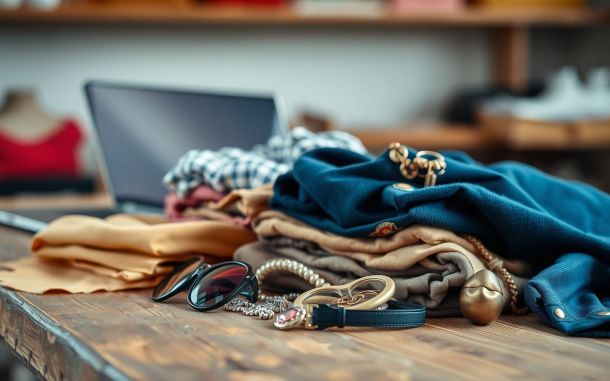 Items for sale online: clothing, accessories, and laptop representing how to sell items online for profit.