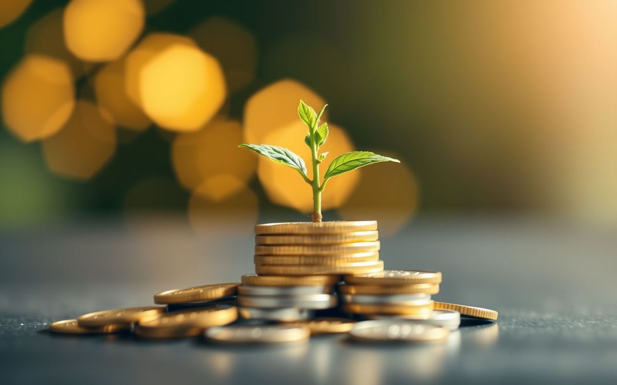 Green sapling growing from coins, symbolizing long-term investment strategies for wealth building.
