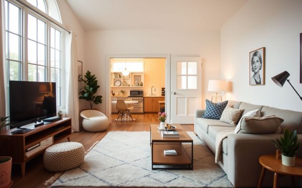 House hacking concept illustration: cozy living room and kitchen