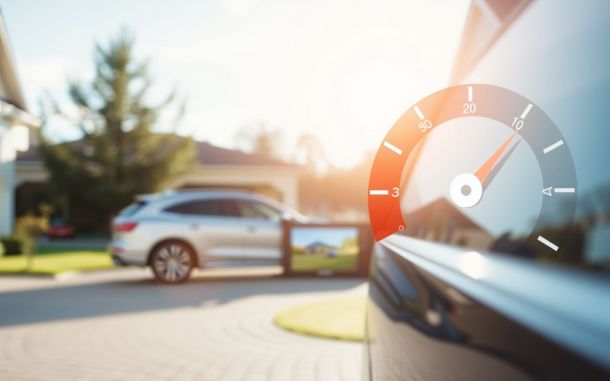 Car insurance premiums factors: A secure car in a sunny driveway, representing auto insurance costs.