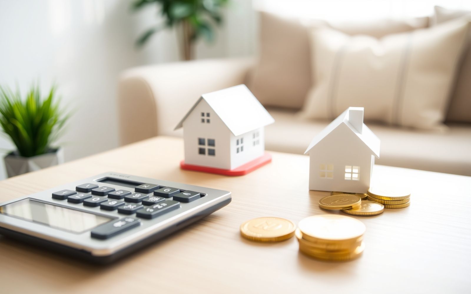 Calculator, gold coins, and house model illustrating understanding mortgage points and fees for home financing.