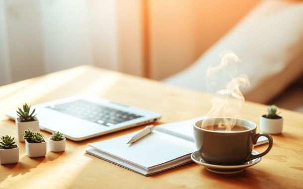 Side hustle with no money concept: laptop, notebook, and tea.