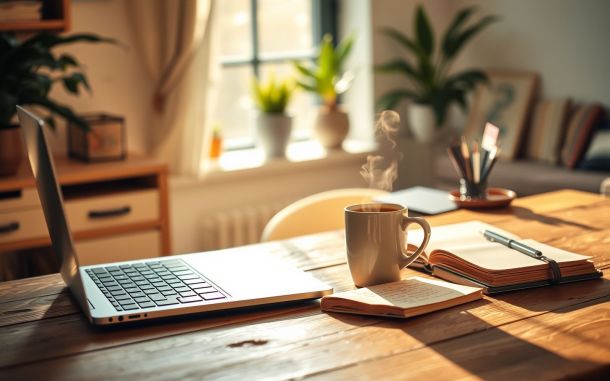 Remote work setup for freelancers: laptop, coffee, notebook