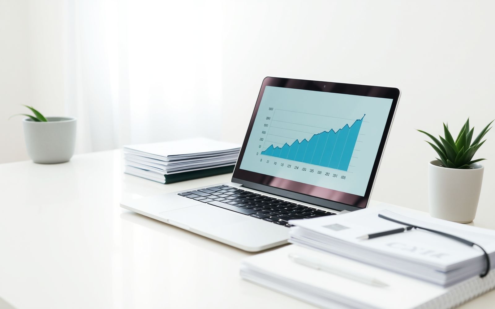 Self-employed mortgage application: organized home office and financial documents.